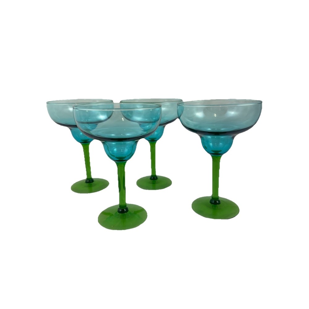 Turquoise Blue & Green Stem Margarita Glasses Set Of 4 Vtg 7"